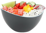 Graue Schale mit frischem Salat und Reis, seitliche Perspektive
