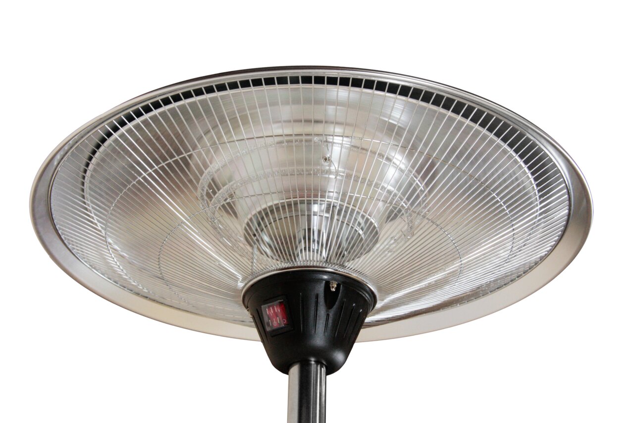 Infrarot-Standheizstrahler aus der Froschperspektive, zeigt die Heizfläche und das Schutzgitter.