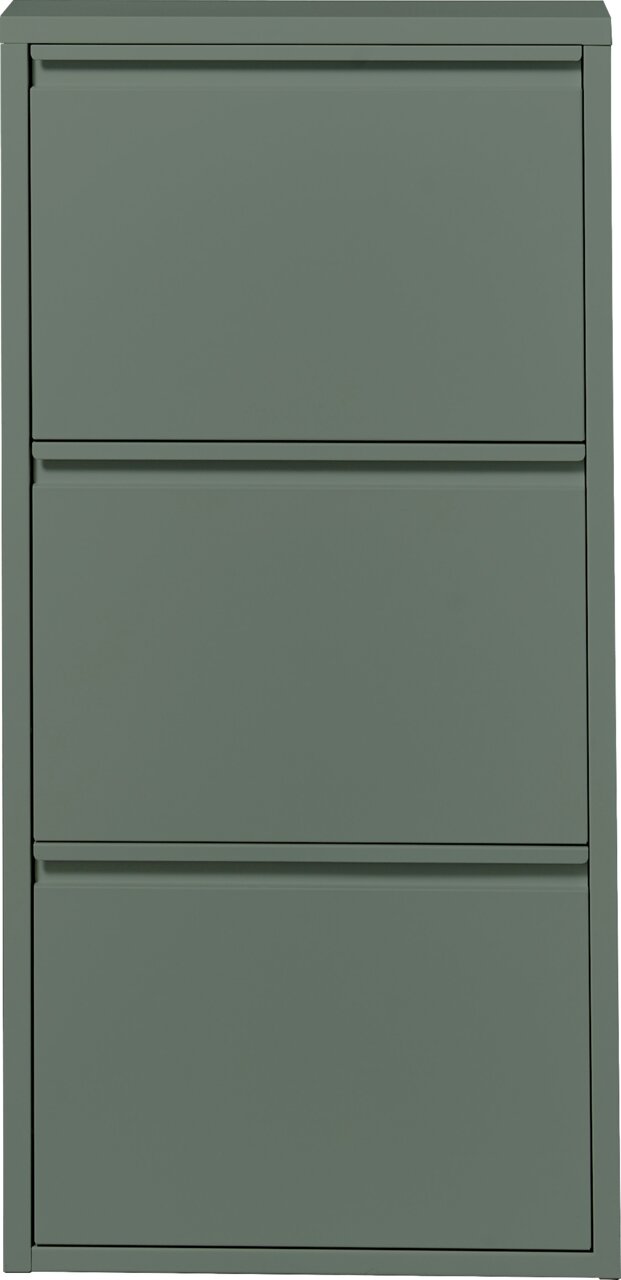 Schmaler, mattgrüner Metallschrank mit drei übereinander angeordneten Klappenfächern, frontale Ansicht.