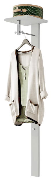 Garderobe mit Hutablage, Kleiderbügel und hängendem Mantel, seitliche Perspektive