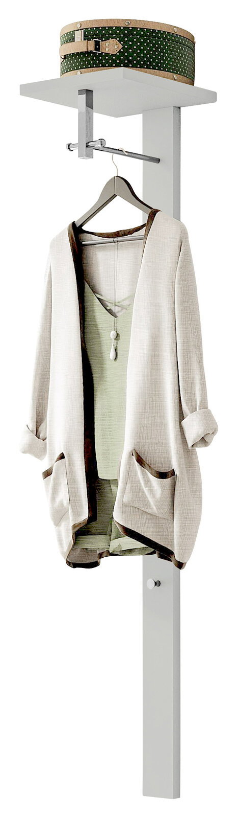 Moderano Garderobe LECCO Garderobe mit Hutablage, Kleiderbügel und hängendem Mantel, seitliche Perspektive