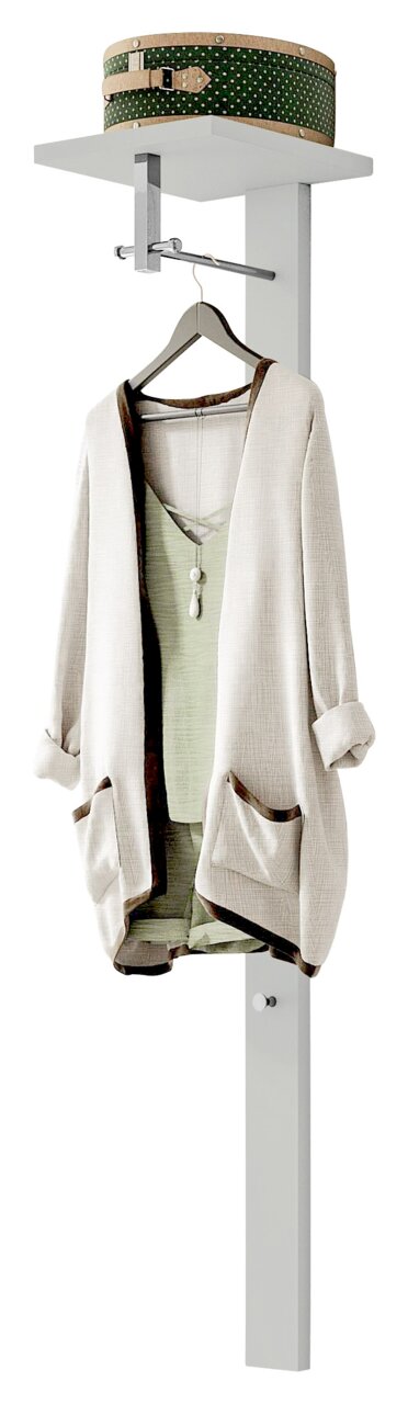 Moderano Garderobe LECCO Garderobe mit Hutablage, Kleiderbügel und hängendem Mantel, seitliche Perspektive