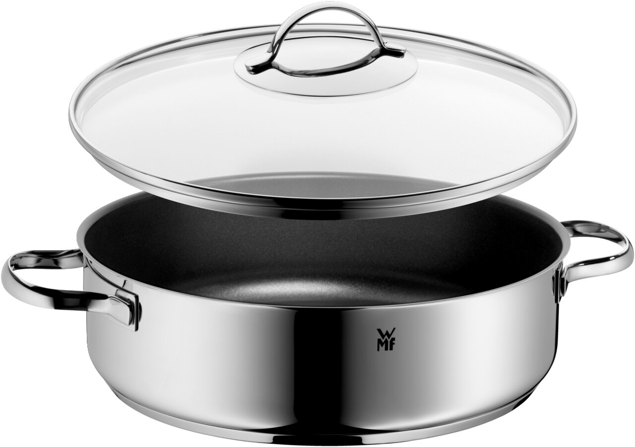 Topf aus Edelstahl mit Glasdeckel, seitliche Perspektive