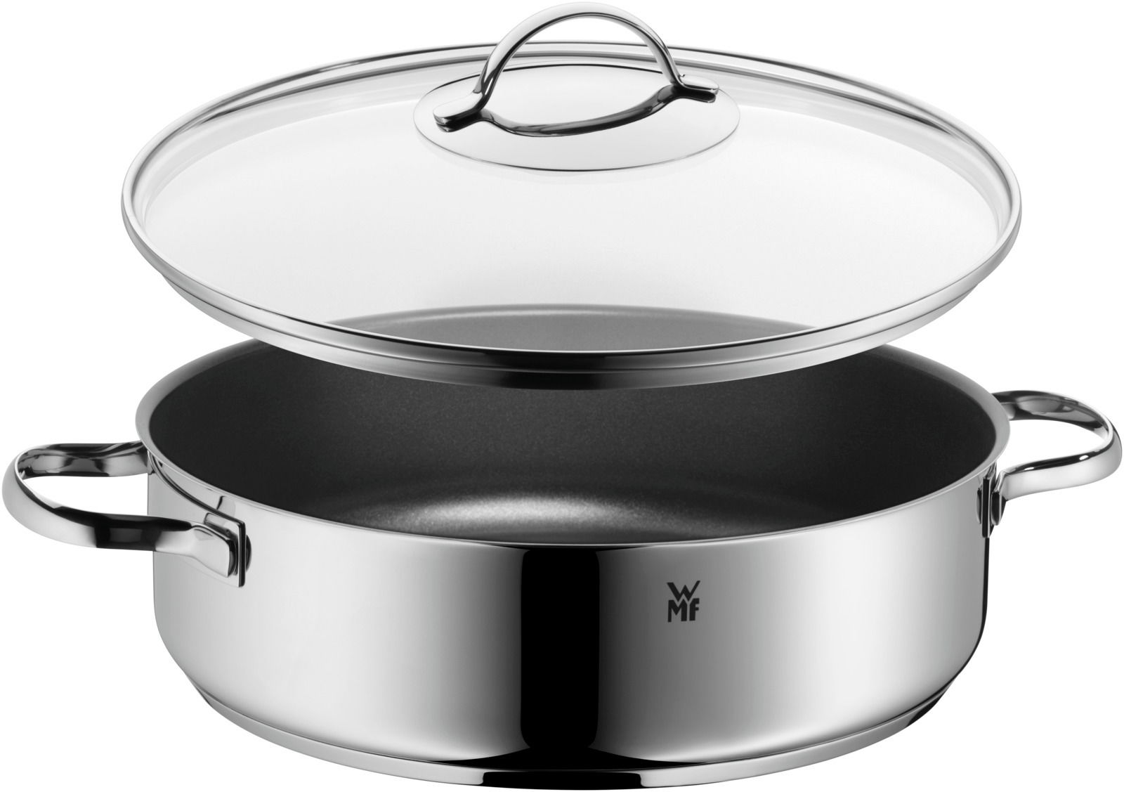 Topf aus Edelstahl mit Glasdeckel, seitliche Perspektive