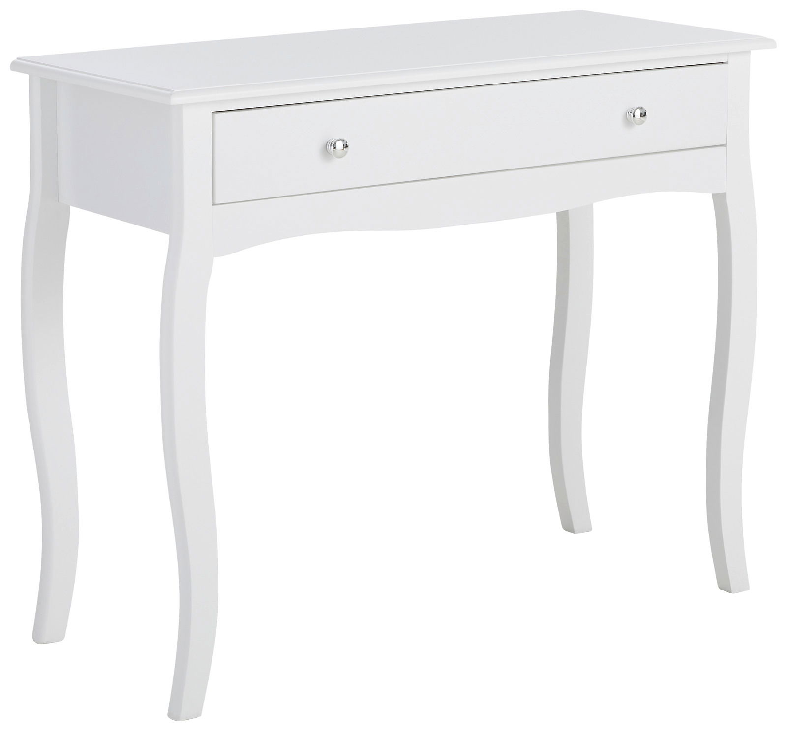 Weißer Konsolentisch mit geschwungenen Beinen und einer Schublade, seitliche Perspektive