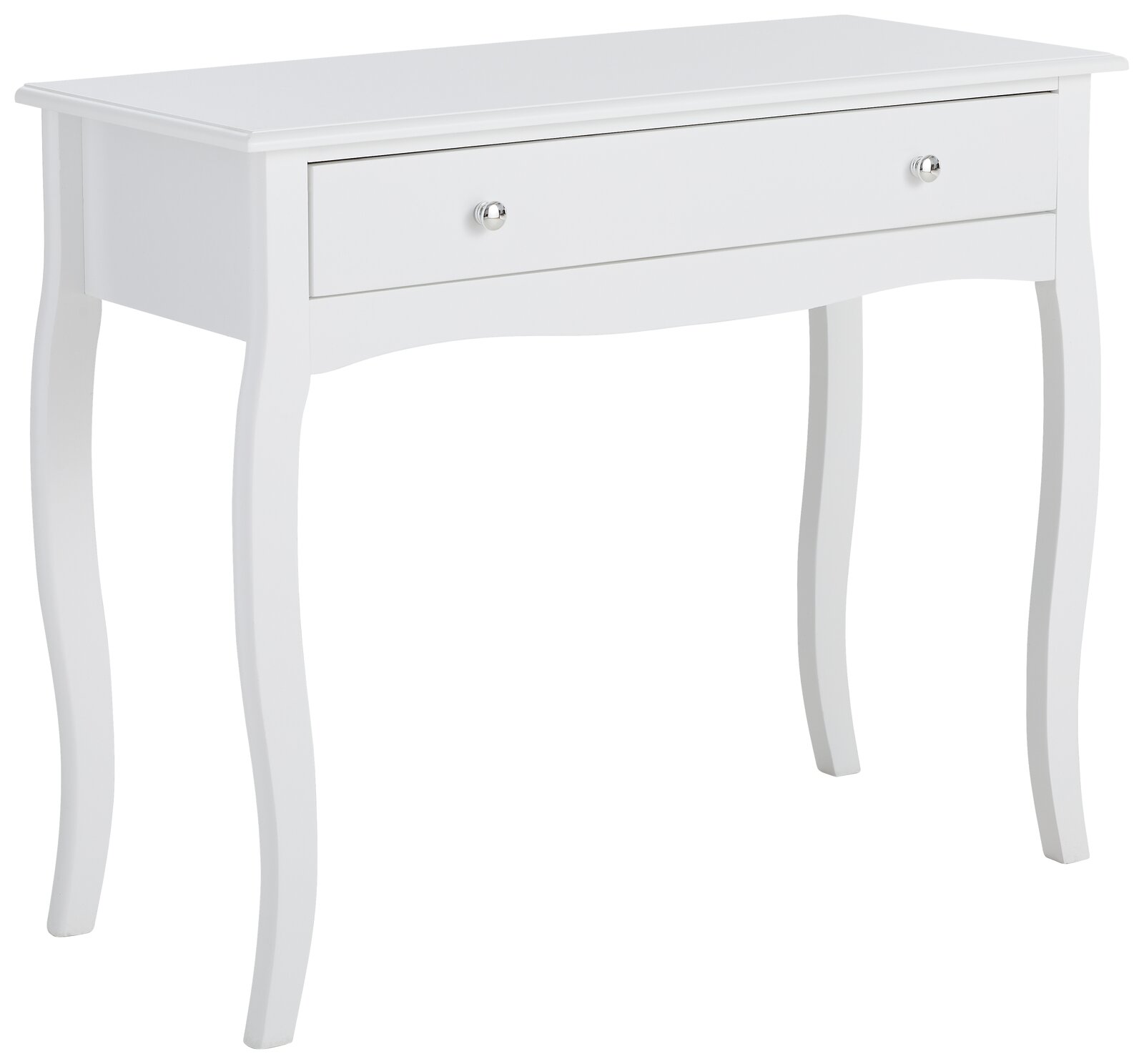 Weißer Konsolentisch mit geschwungenen Beinen und einer Schublade, seitliche Perspektive