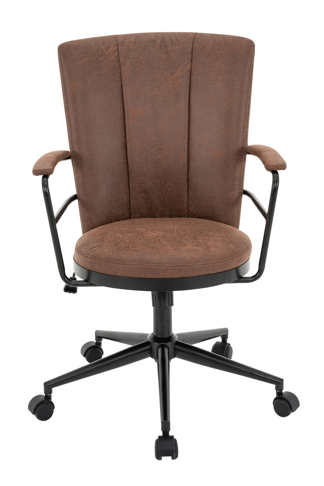 Brauner Drehstuhl mit Armlehnen und schwarzem Metallgestell, Vorderansicht