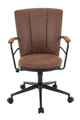 Brauner Drehstuhl mit Armlehnen und schwarzem Metallgestell, Vorderansicht