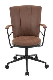 Brauner Drehstuhl mit Armlehnen und schwarzem Metallgestell, Vorderansicht