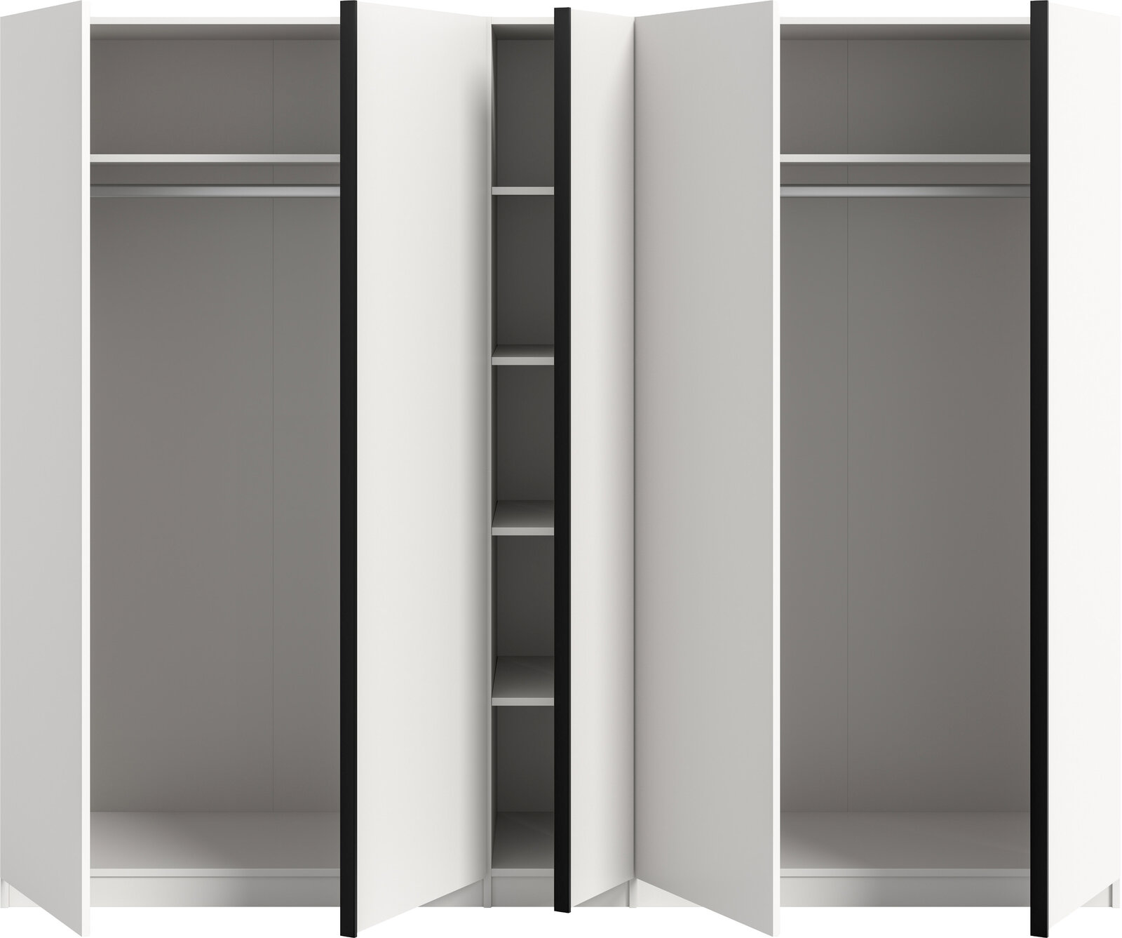 Weißer Kleiderschrank mit zwei geöffneten Drehtüren, innen mit Kleiderstangen und mittigem Regalbereich, Frontansicht leicht schräg von vorn