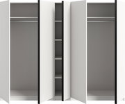 Weißer Kleiderschrank mit zwei geöffneten Drehtüren, innen mit Kleiderstangen und mittigem Regalbereich, Frontansicht leicht schräg von vorn