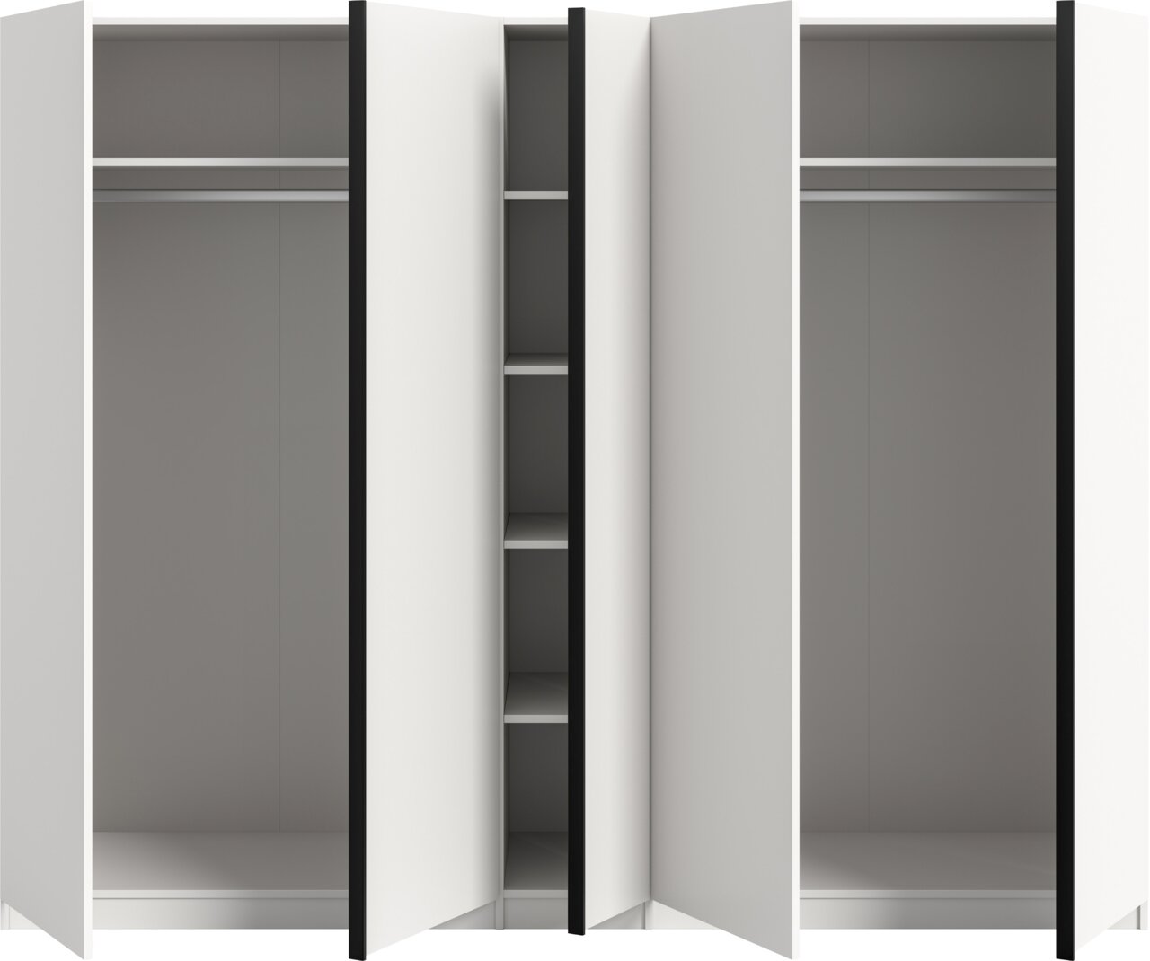 Weißer Kleiderschrank mit zwei geöffneten Drehtüren, innen mit Kleiderstangen und mittigem Regalbereich, Frontansicht leicht schräg von vorn