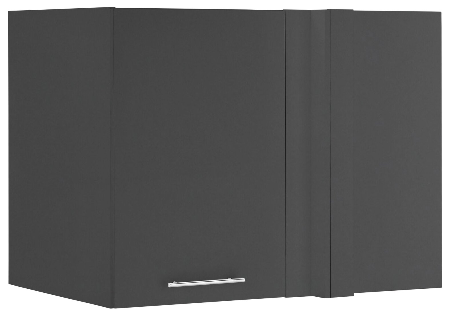 Dunkelgrauer Eckschrankaufsatz mit Metallgriff, perspektivisch von vorne links gesehen.