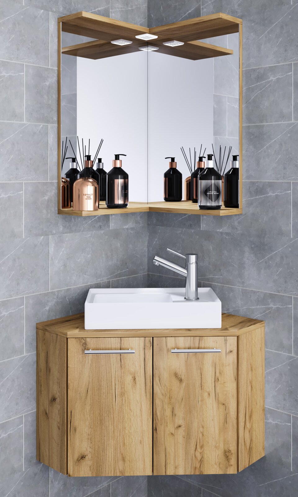 VCM 3-tlg. Eck-Waschplatz VILOSA Eck-Badezimmer-Waschtisch mit Holzoptik-Unterschrank und weißem Aufsatzwaschbecken, darüber ein eckiger Spiegelschrank mit Holzrahmen und Ablage, frontal aus leicht erhöhter Perspektive fotografiert