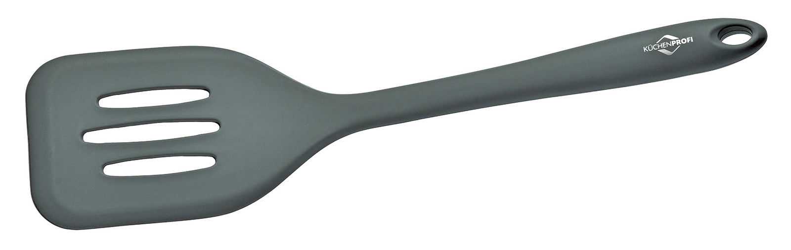 Grauer Pfannenwender aus Silikon, seitliche Ansicht