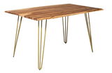 Moderner Esstisch mit Holzplatte und goldenen Metallbeinen, seitliche Perspektive
