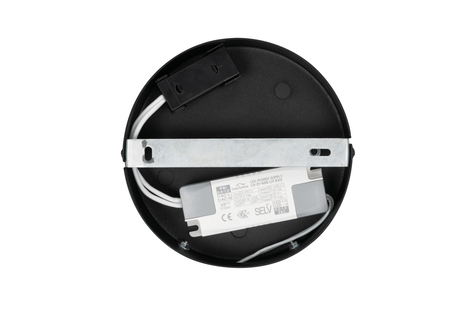 Rückansicht einer runden LED-Deckenleuchte mit sichtbarem Netzteil und Kabeln.