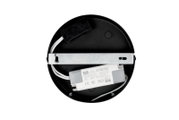 Rückansicht einer runden LED-Deckenleuchte mit sichtbarem Netzteil und Kabeln.