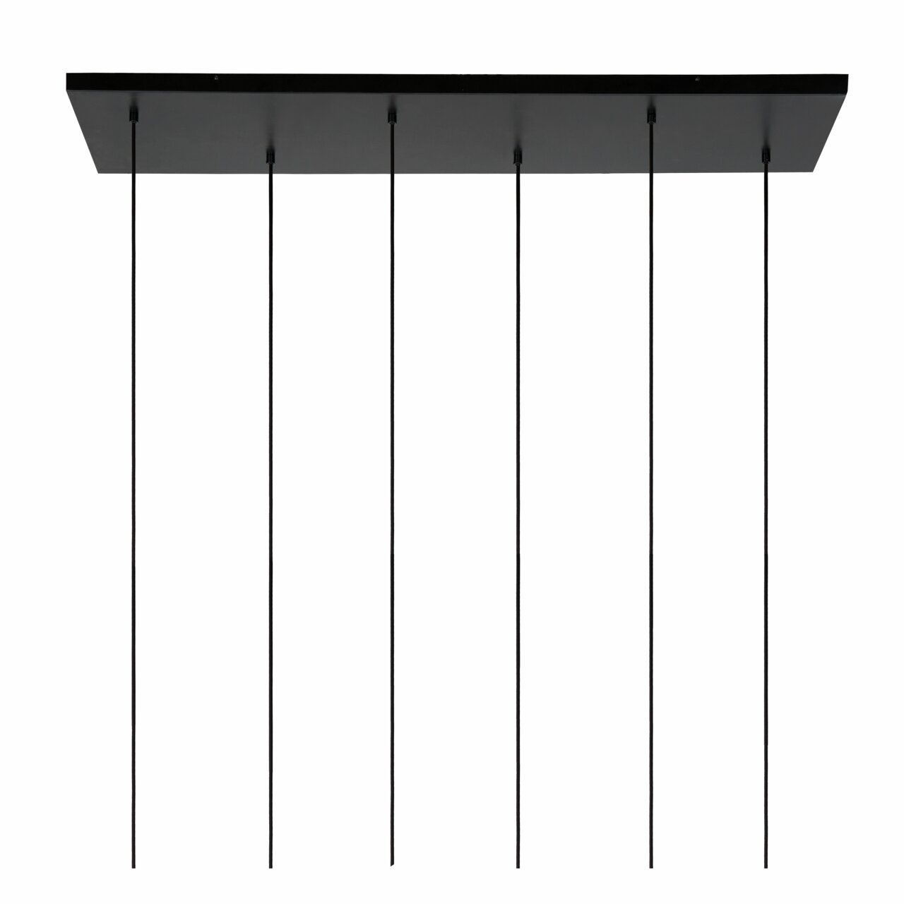 Moderne zwarte hanglamp met zes kabels, gezien van onderaf.