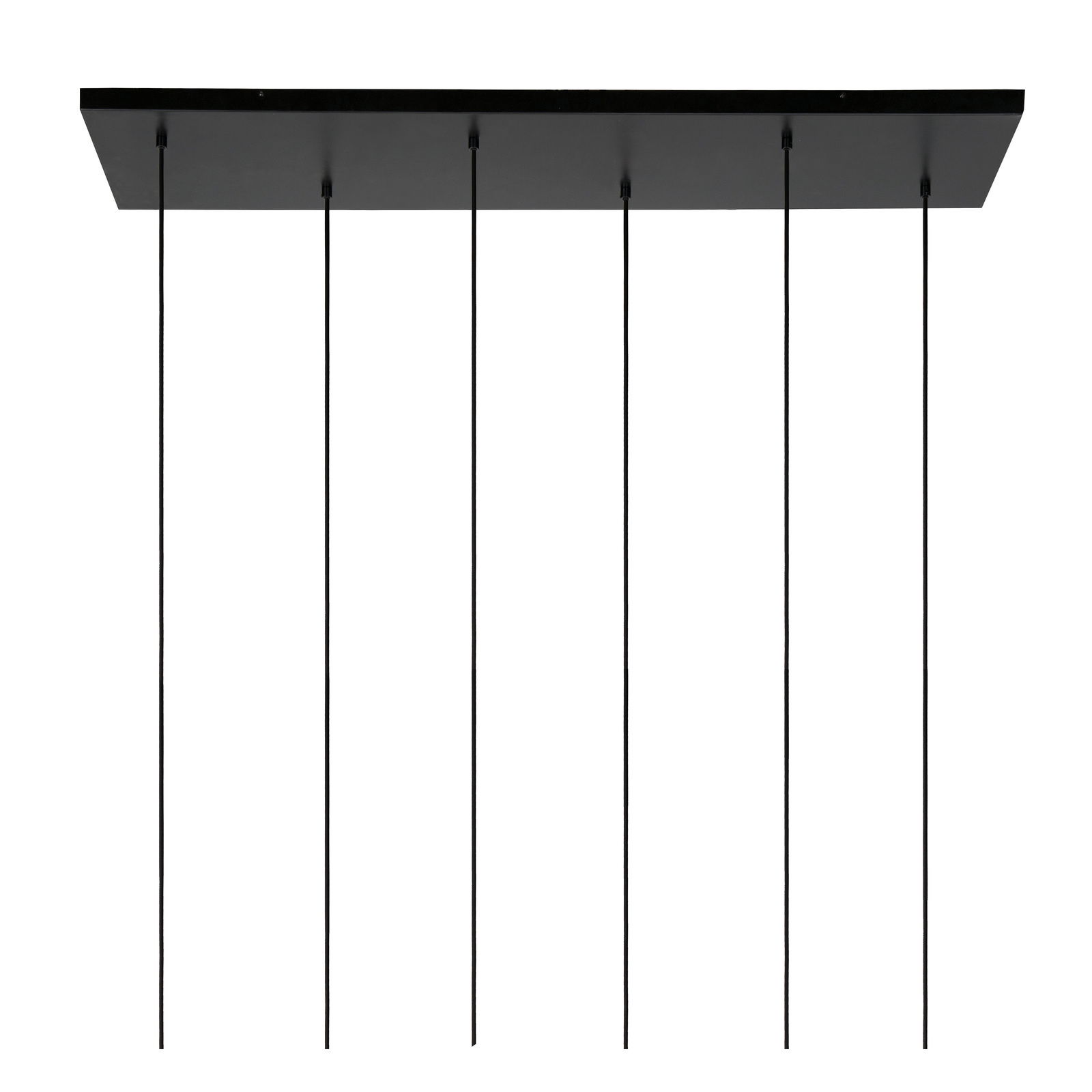 Moderne schwarze Pendelleuchte mit sechs Kabeln, von unten betrachtet.
