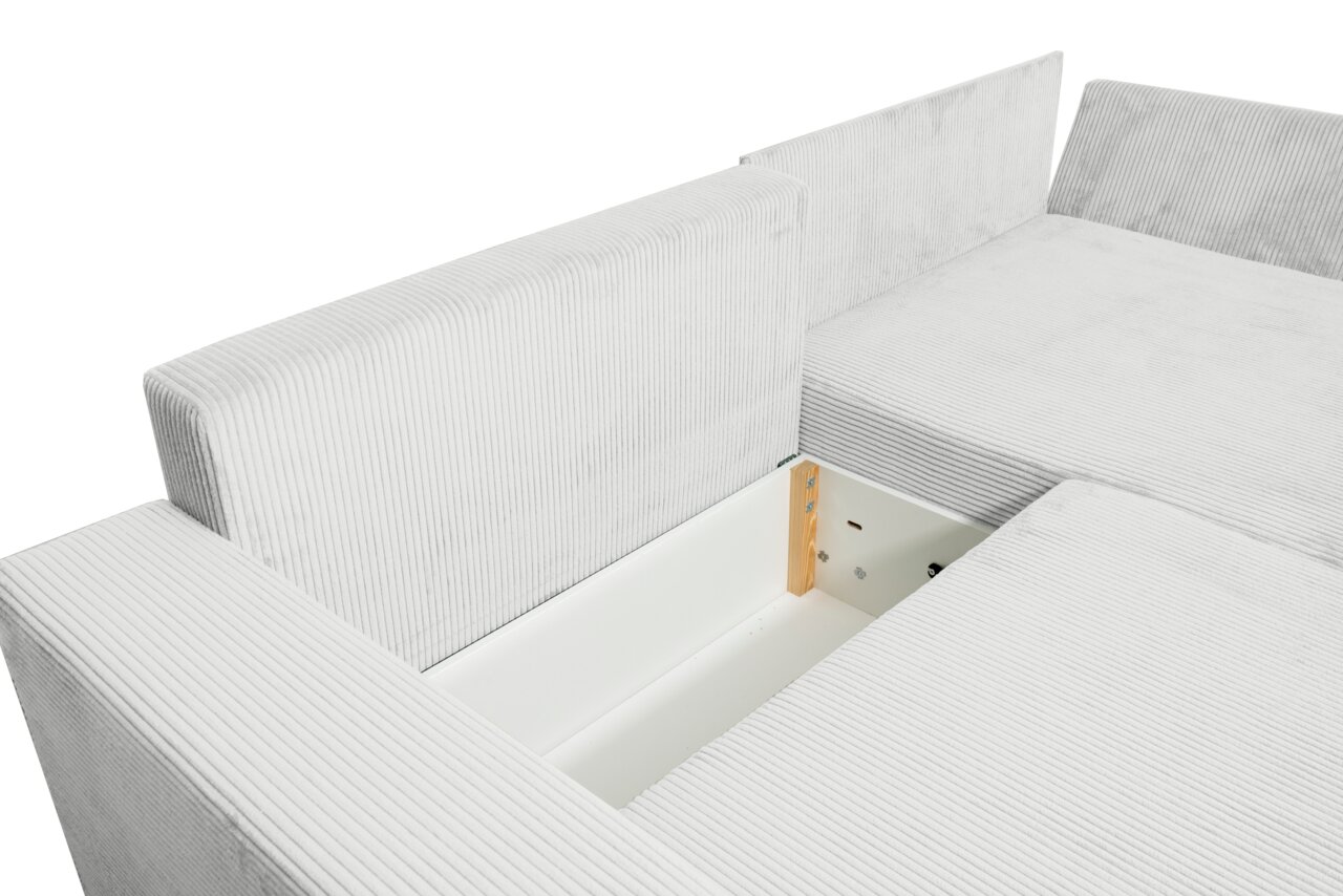 Rundecke mit Stauraum, Ansicht von oben, hellgrauer Stoffbezug mit feiner Struktur.