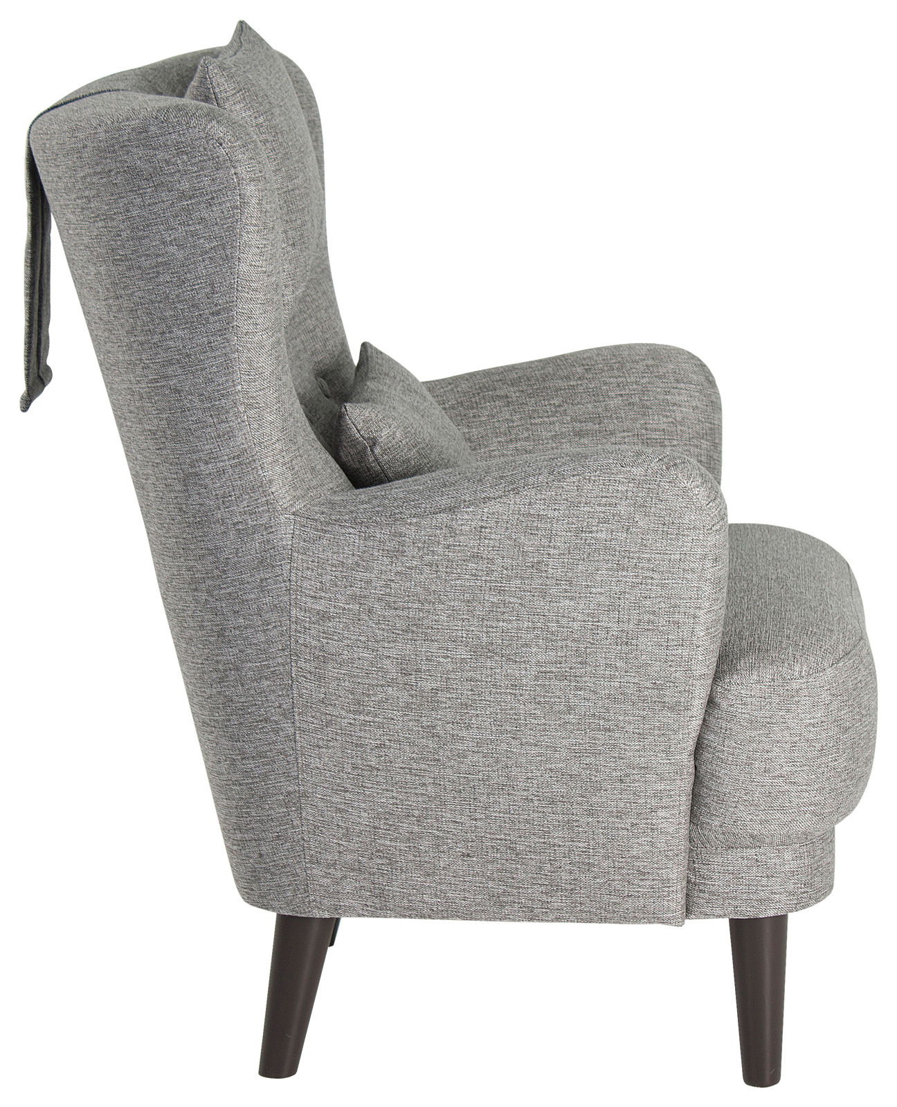 Grauer Ohrensessel in Seitenansicht mit dunklen Holzbeinen.