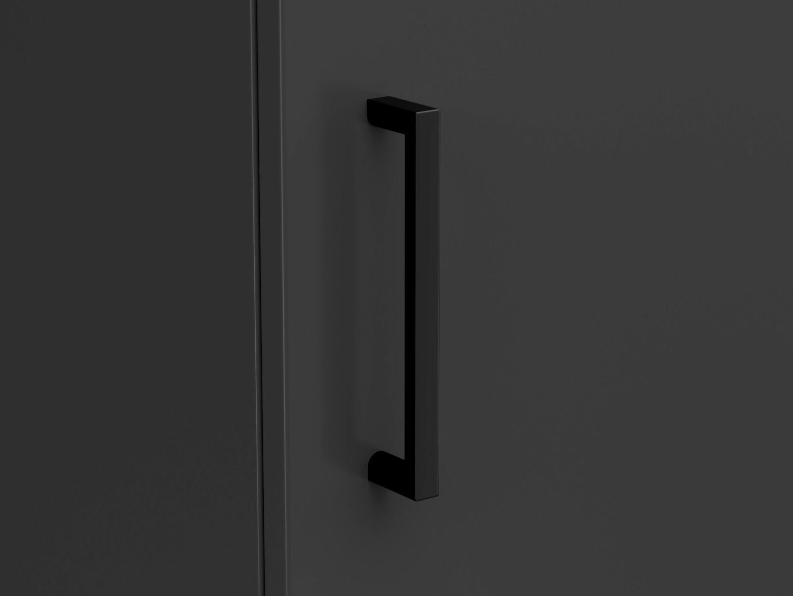 Nahaufnahme eines schwarzen Griffs an einem dunklen Mehrzweckschrank, seitliche Perspektive