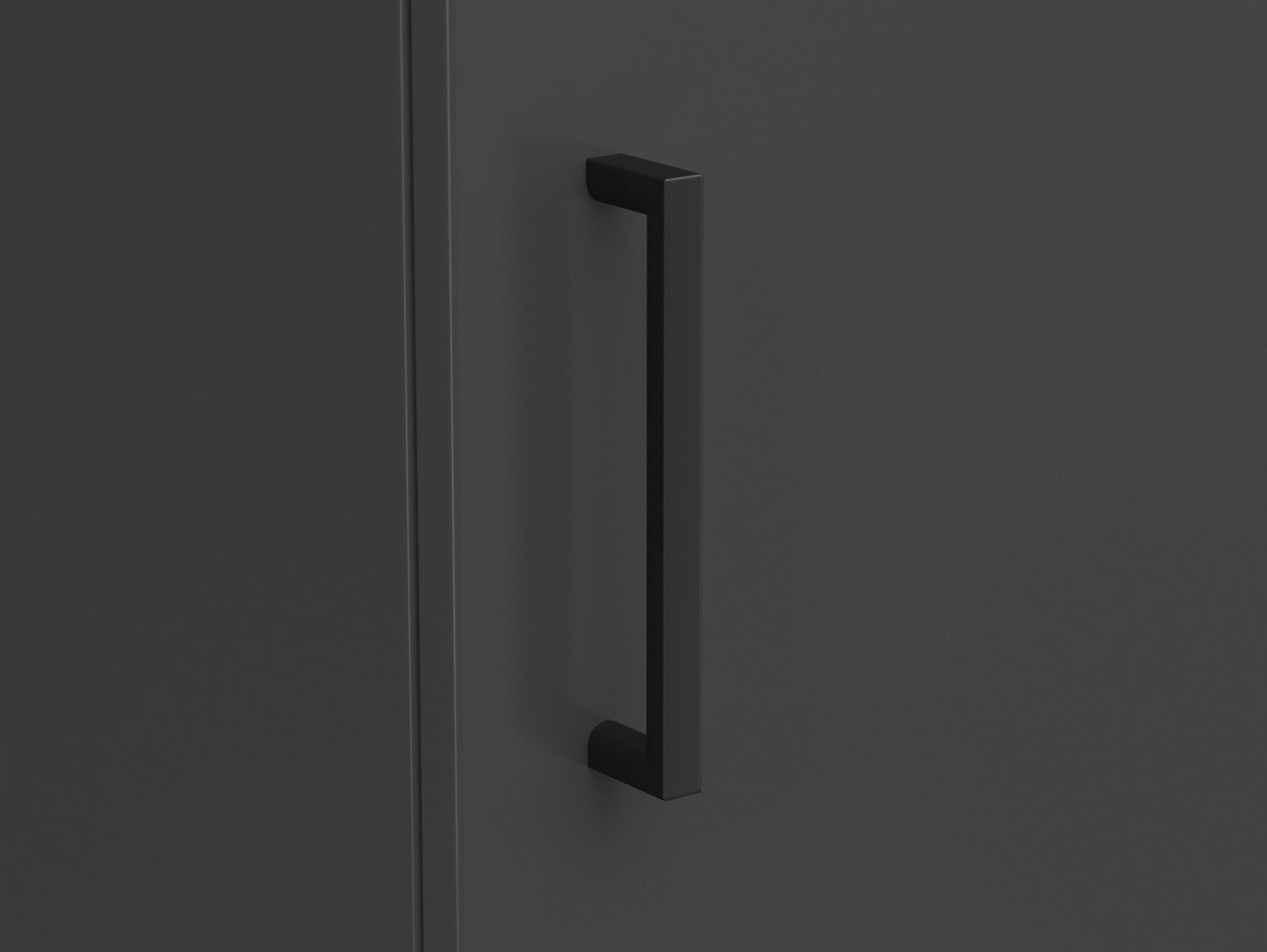 Nahaufnahme eines schwarzen Griffs an einem dunklen Mehrzweckschrank, seitliche Perspektive