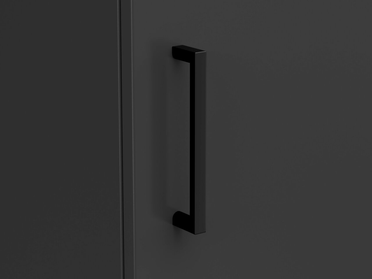 Nahaufnahme eines schwarzen Griffs an einem dunklen Mehrzweckschrank, seitliche Perspektive