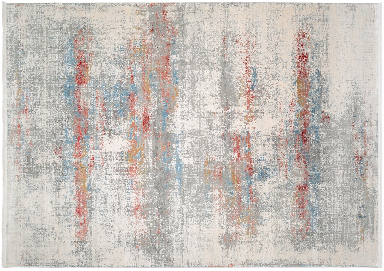Moderner Designer-Teppich mit abstraktem Muster in Grau, Blau, Rot und Gelb, aus der Vogelperspektive fotografiert.