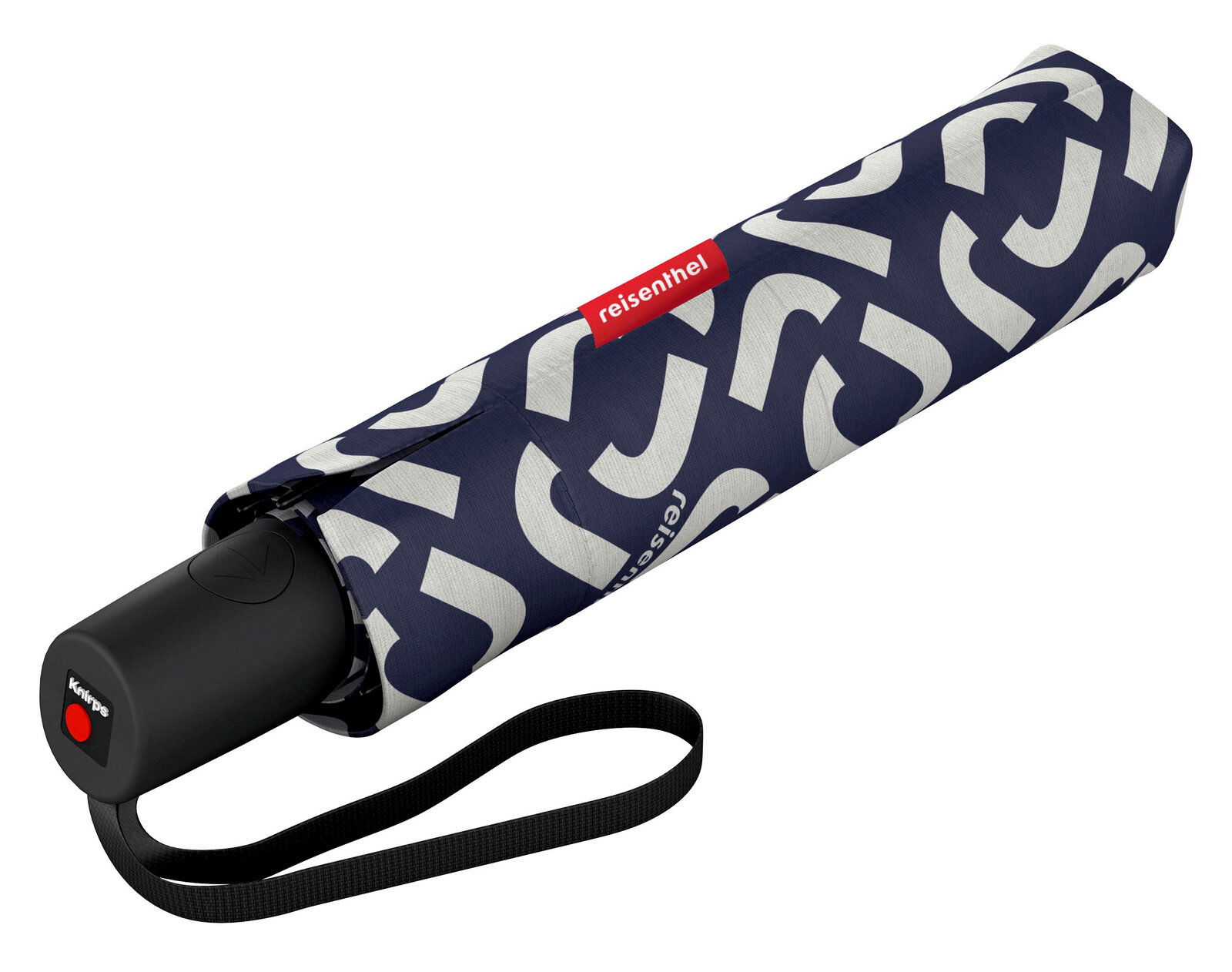 Zusammengeklappter, kompakter Regenschirm mit modernem Muster und rotem Logo, seitliche Perspektive