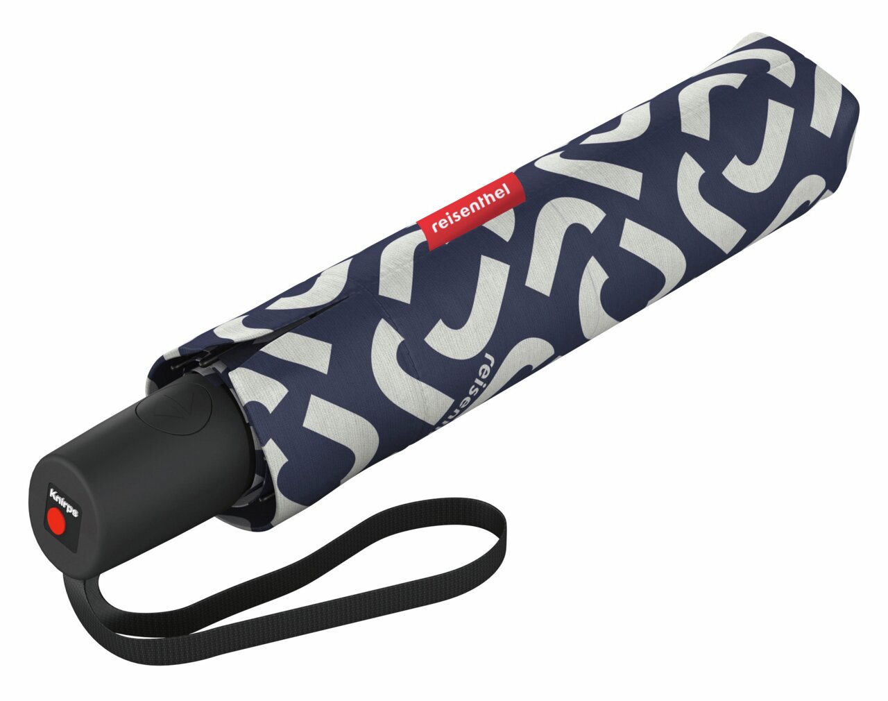 Reisenthel Umbrella Pocket Classic Opgevouwen, compacte paraplu met een modern patroon en een rood logo, zijaanzicht