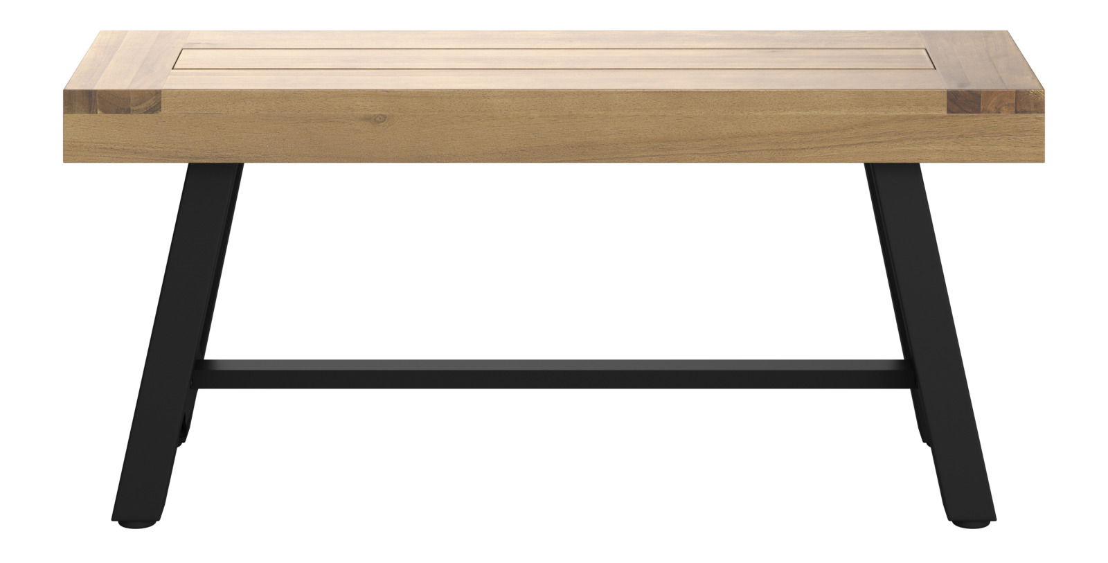 Vorderansicht einer modernen Gartenbank mit Holzsitzfläche und schwarzen Metallbeinen.