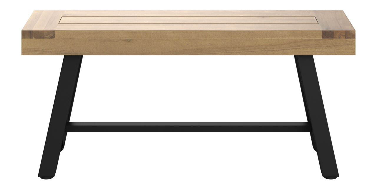 Vorderansicht einer modernen Gartenbank mit Holzsitzfläche und schwarzen Metallbeinen.