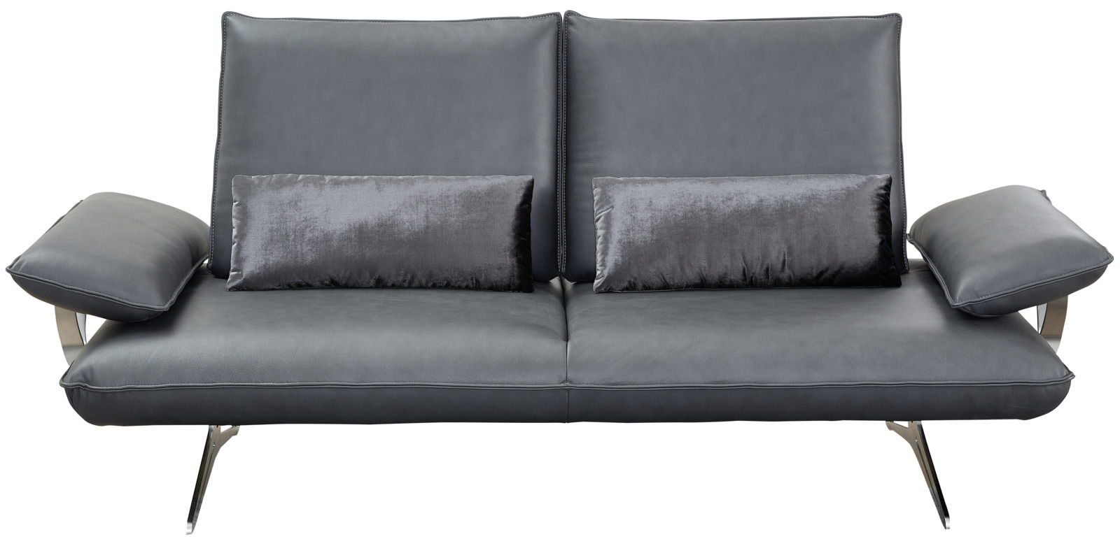Modernes 2,5-Sitzer Sofa in grauem Leder mit zwei dekorativen Kissen, frontal fotografiert.