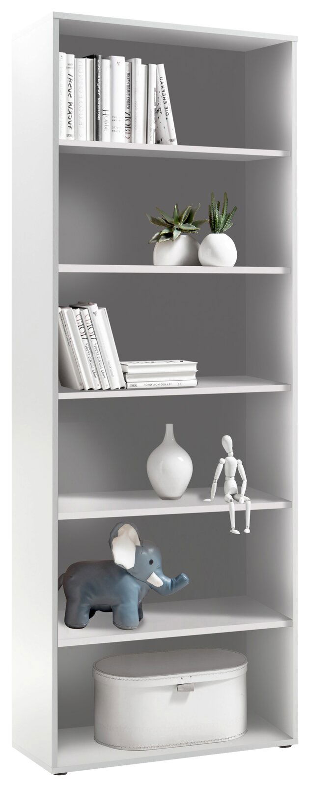 XORA Regal FINITO Weißes Regal mit fünf Ebenen, dekoriert mit Büchern, Pflanzen, einer Vase, einer Holzfigur und einem Spielzeugelefanten. Frontalansicht.