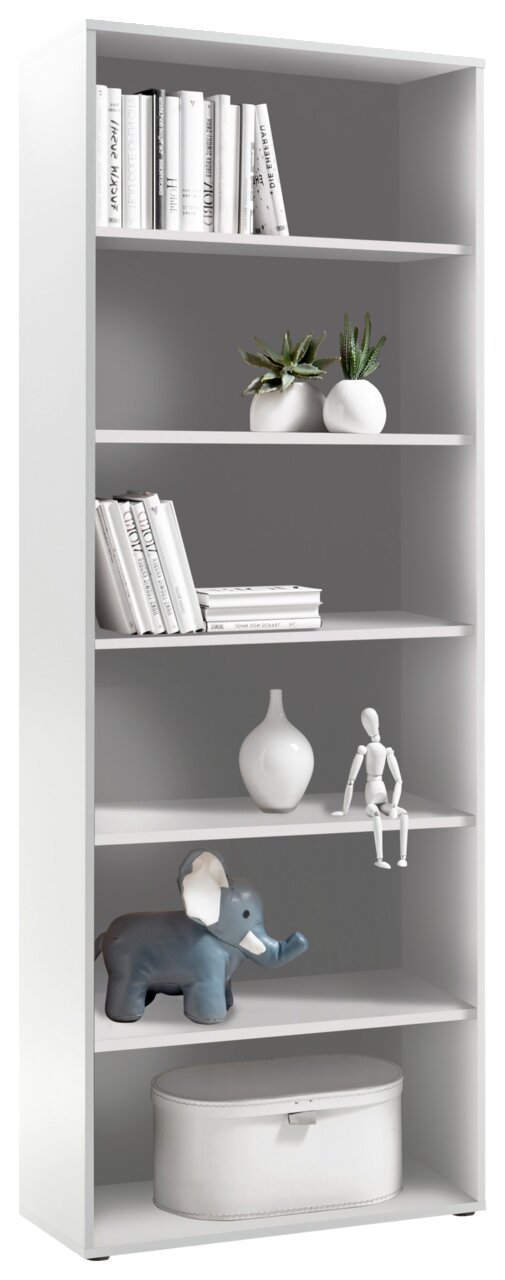 XORA Regal FINITO Weißes Regal mit fünf Ebenen, dekoriert mit Büchern, Pflanzen, einer Vase, einer Holzfigur und einem Spielzeugelefanten. Frontalansicht.