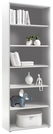 Weißes Regal mit fünf Ebenen, dekoriert mit Büchern, Pflanzen, einer Vase, einer Holzfigur und einem Spielzeugelefanten. Frontalansicht.