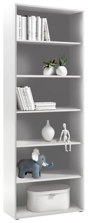 Weißes Regal mit fünf Ebenen, dekoriert mit Büchern, Pflanzen, einer Vase, einer Holzfigur und einem Spielzeugelefanten. Frontalansicht.
