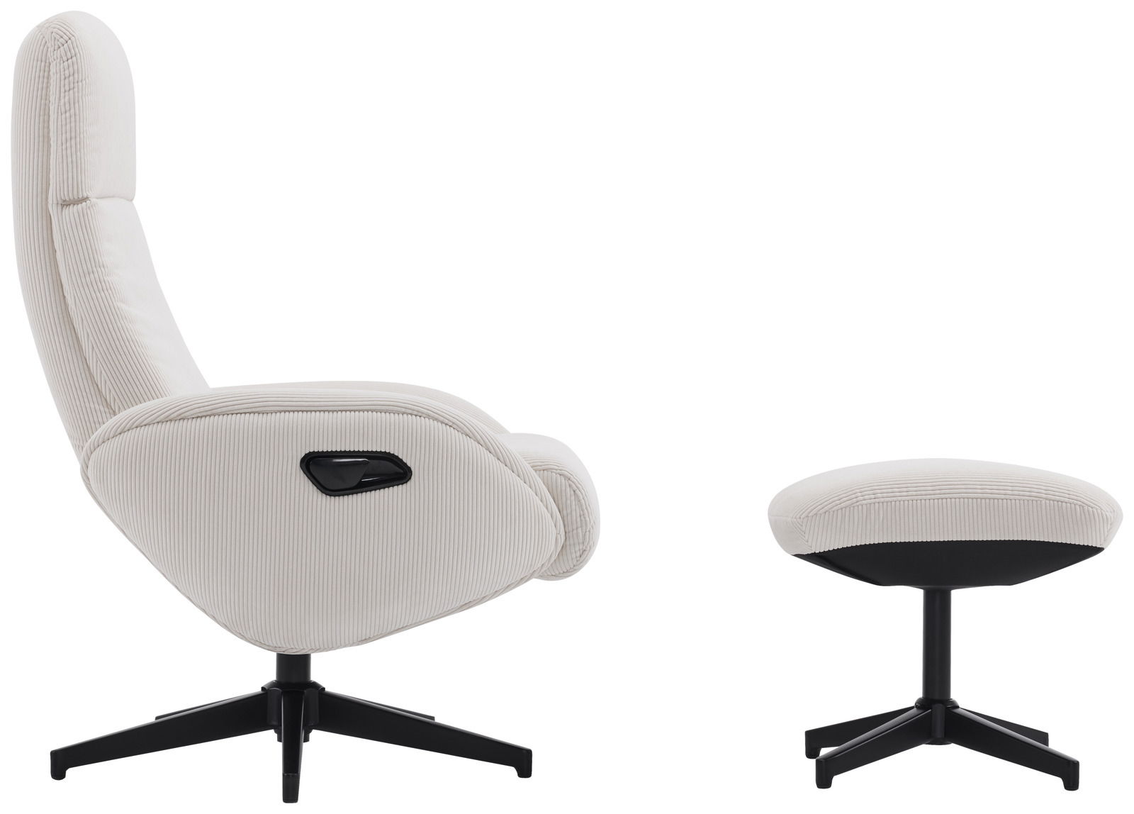 Seitenansicht eines weißen Relaxsessels mit Hocker, beide mit schwarzem Fußgestell.