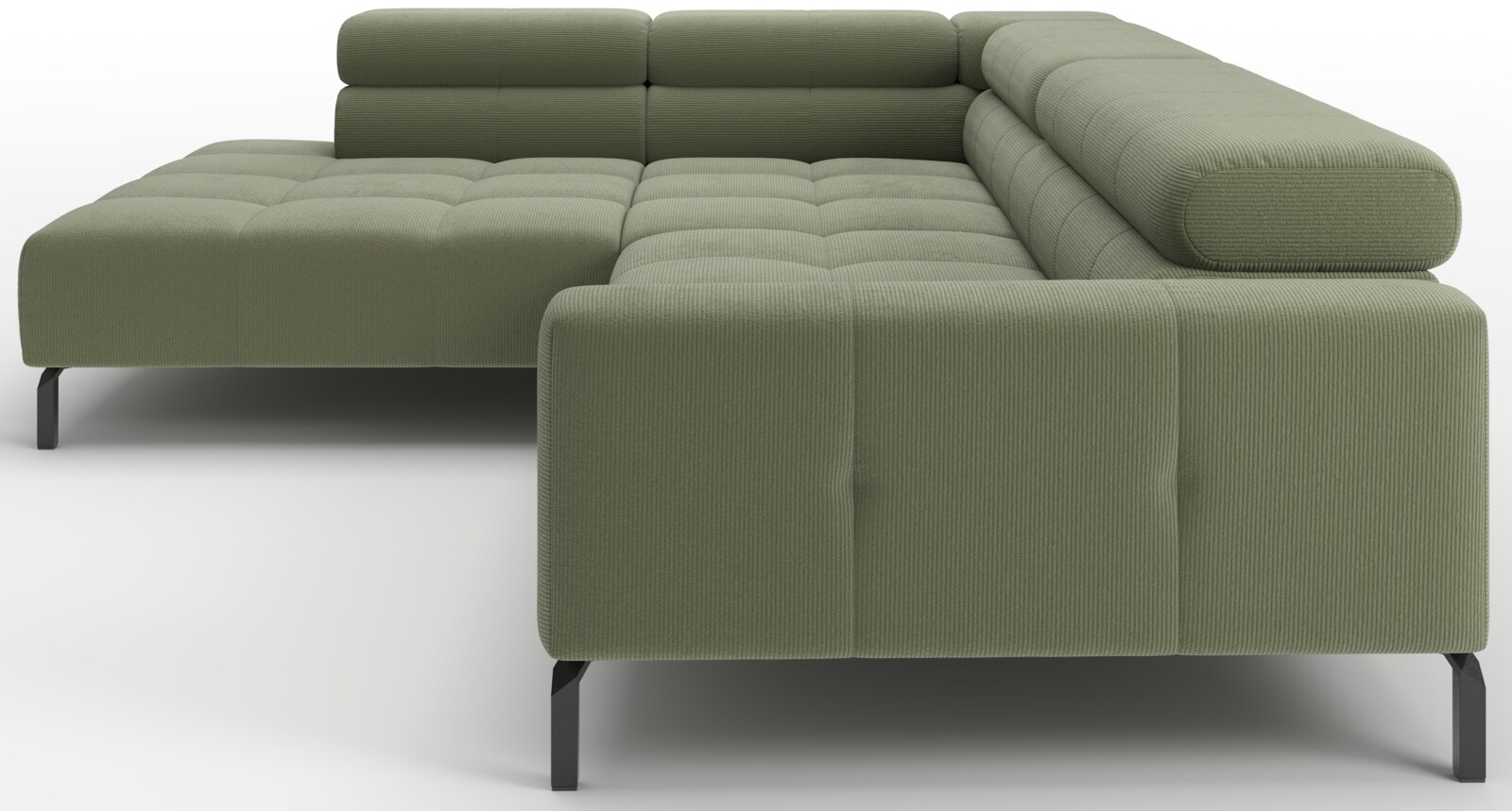 Grünes, modulares Ecksofa mit Rippstoffbezug, gesteppten Sitzflächen, niedriger Rückenlehne und schwarzen Metallfüßen, Ansicht schräg von vorne rechts