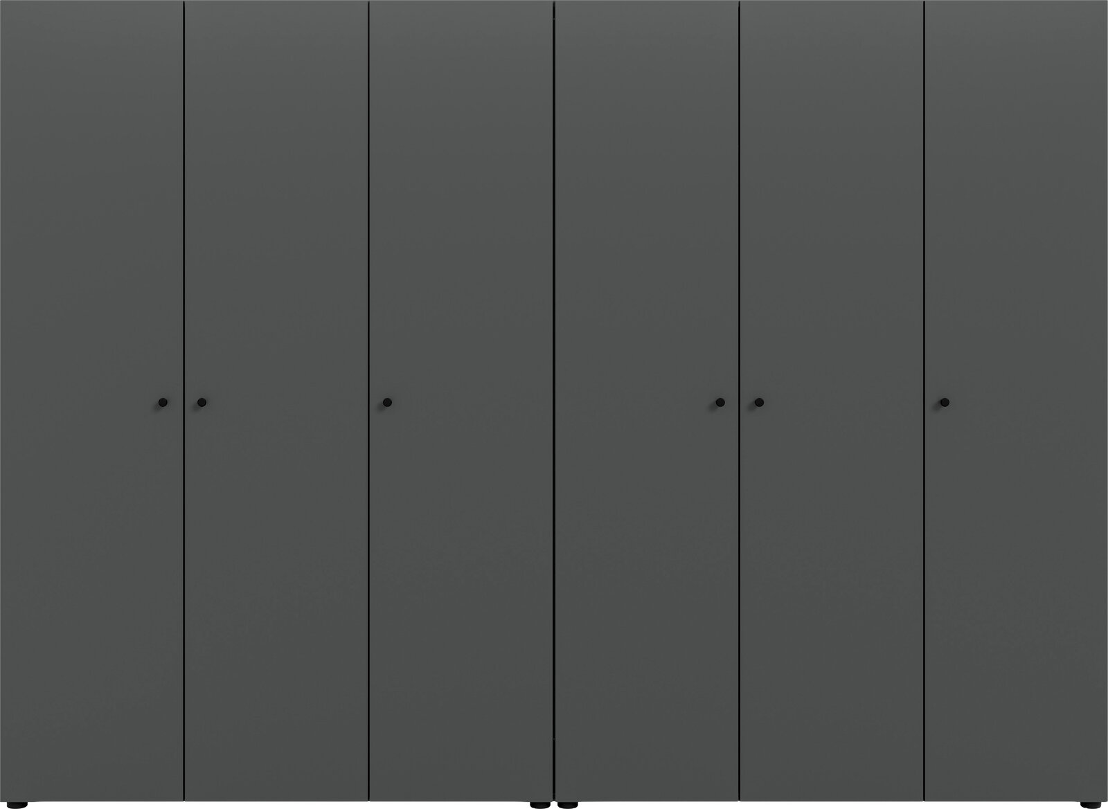 Dunkelgrauer, minimalistischer Schrank mit mehreren Türen und runden Knöpfen, frontale Ansicht.