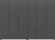 Dunkelgrauer, minimalistischer Schrank mit mehreren Türen und runden Knöpfen, frontale Ansicht.