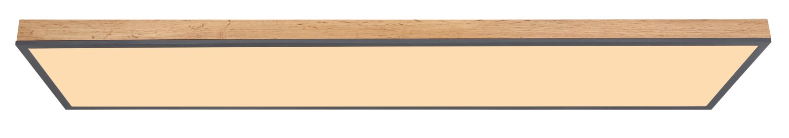 Rechteckige Deckenleuchte mit Holzrahmen und cremefarbener Lichtfläche, seitliche Perspektive