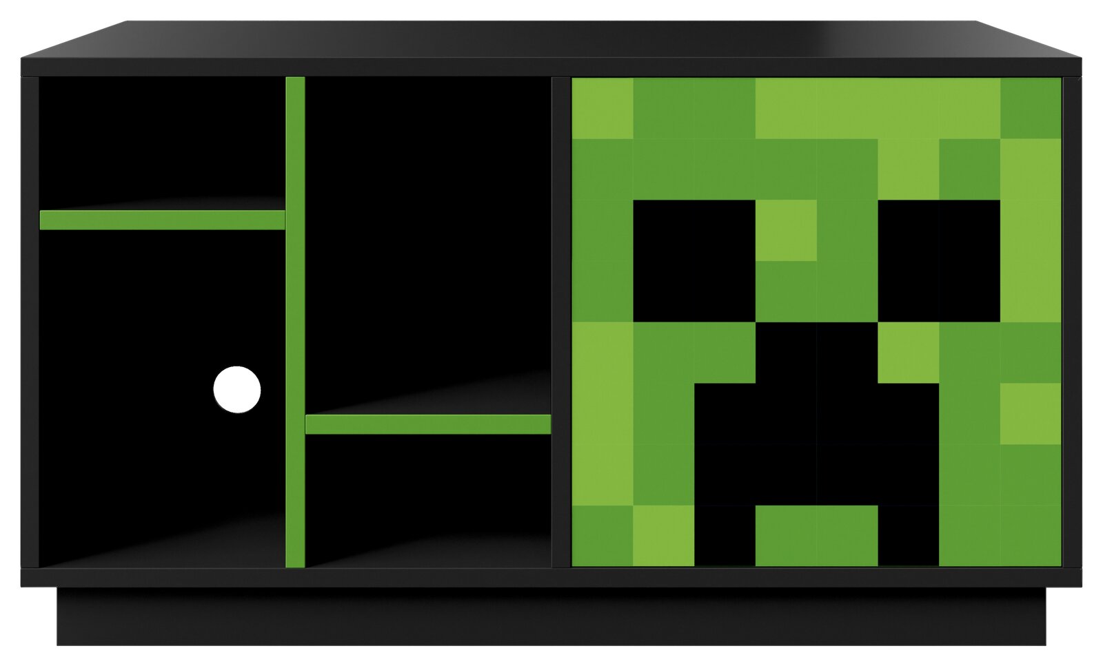 Schwarzes Sideboard mit offenen Fächern links und grüner Schiebetür mit pixeligem Creeper-Motiv rechts, Frontansicht.