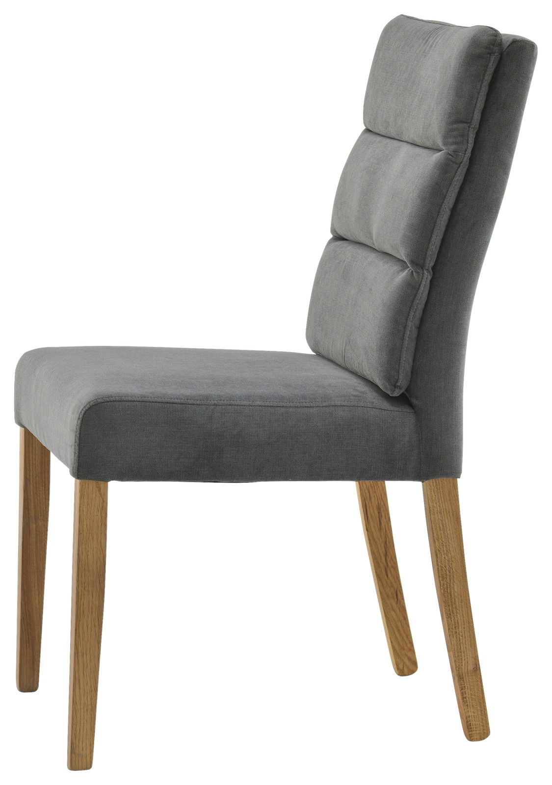 Grauer Stuhl mit gepolsterter Rückenlehne und Holzbeinen, Seitenansicht