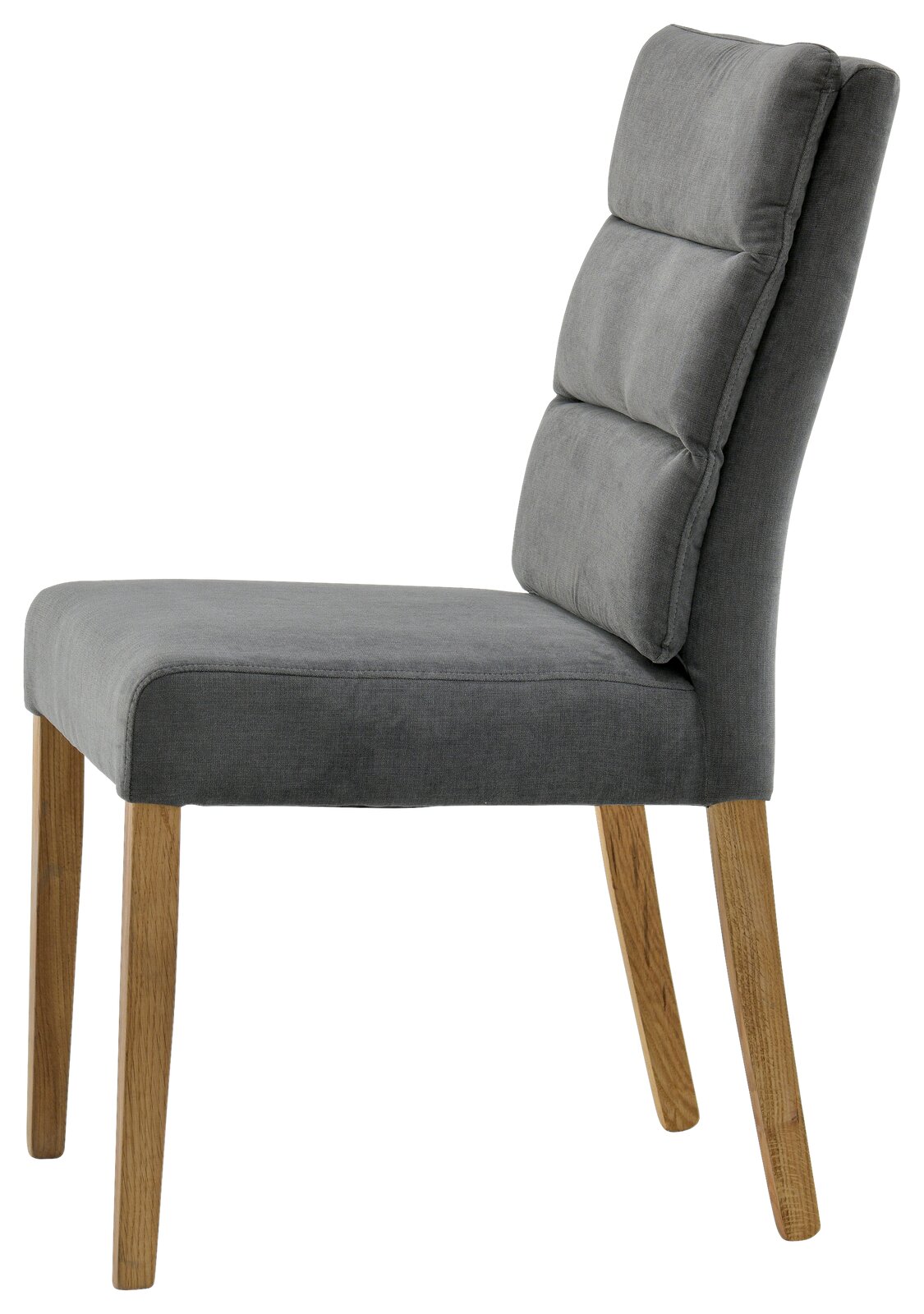 Grauer Stuhl mit gepolsterter Rückenlehne und Holzbeinen, Seitenansicht