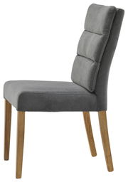 Grauer Stuhl mit gepolsterter Rückenlehne und Holzbeinen, Seitenansicht