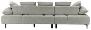 Rückansicht eines grauen Sofas mit mehreren Kissen, moderne Gestaltung, Perspektive von hinten.