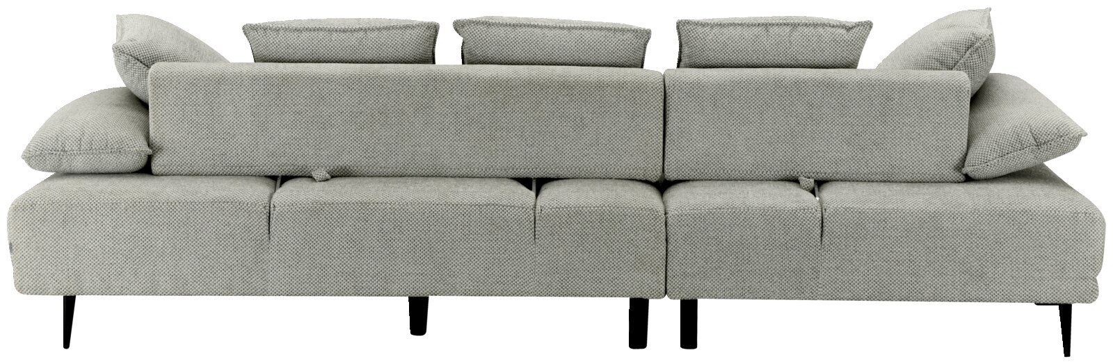Rückansicht eines grauen Sofas mit mehreren Kissen, moderne Gestaltung, Perspektive von hinten.